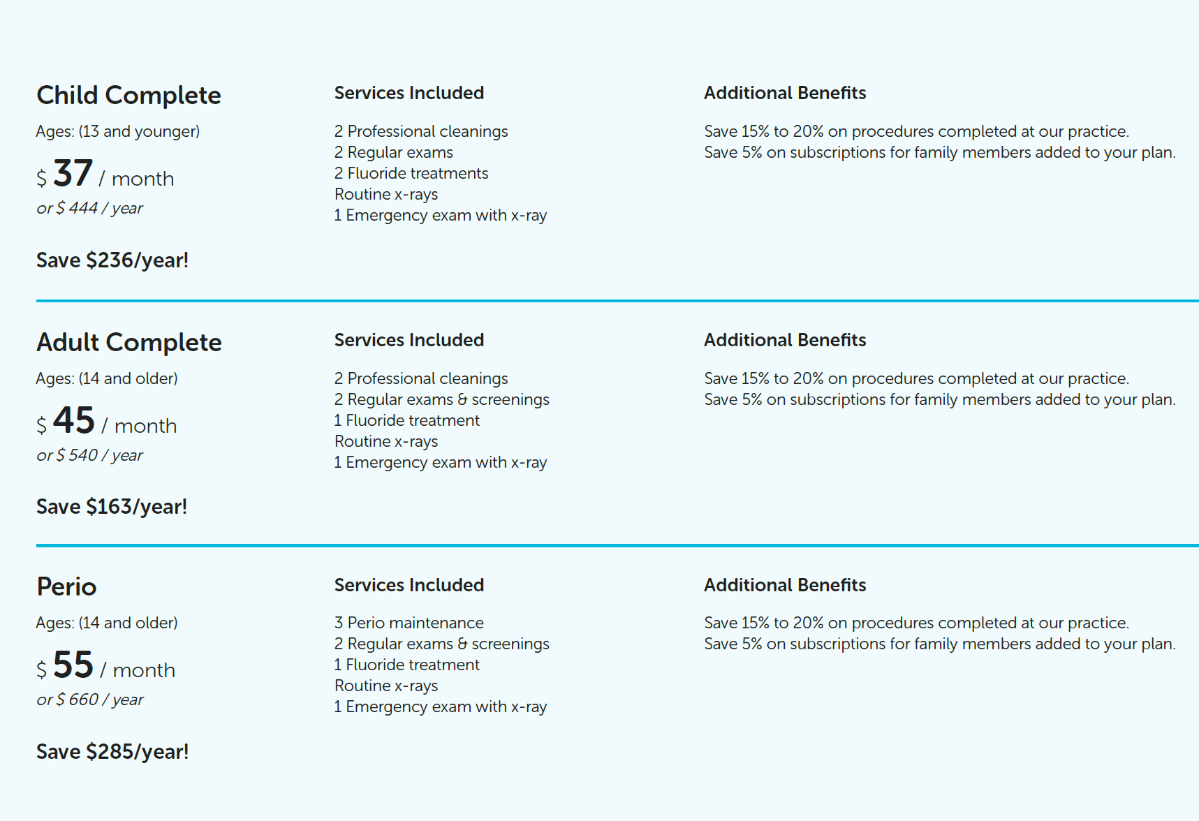 prices and items covered in our dental benefits membership plan